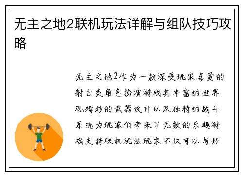 无主之地2联机玩法详解与组队技巧攻略